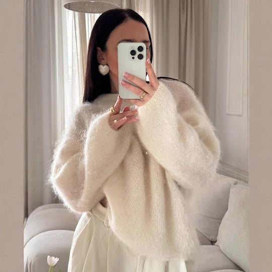 Damen lässiger Strickpullover mit voluminösen Ärmeln und hochwertiger Mohair-Optik R&B