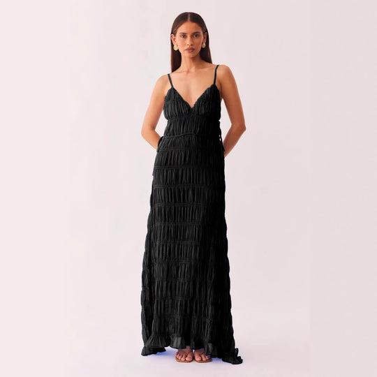 Damen Maxikleid mit raffiniertem Rüschendesign und tiefem V-Ausschnitt R&B