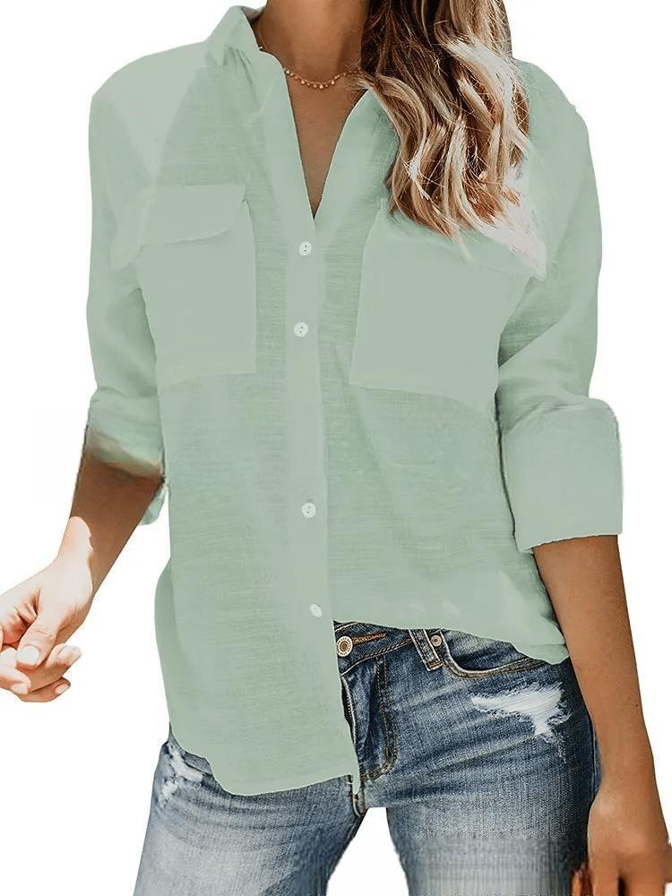 Damen leichte Sommerbluse mit zwei Brusttaschen und aufgerollten Ärmeln R&B
