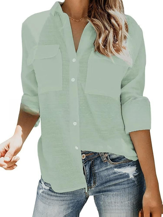 Damen leichte Sommerbluse mit zwei Brusttaschen und aufgerollten Ärmeln R&B