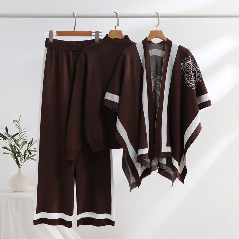 Damen elegantes Strick-Loungewear-Set mit grafischem Muster und weiten Ärmeln R&B
