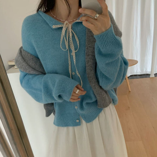 Damen lässiger Strickcardigan mit Kordelzug und feiner Struktur R&B