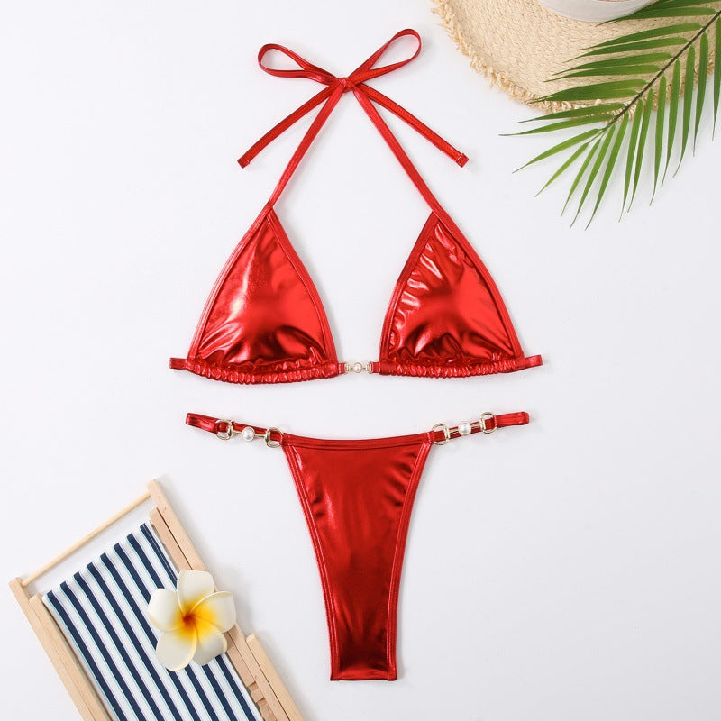 Damen Triangel-Bikini mit schimmerndem Obermaterial und eleganten Schmuckdetails R&B