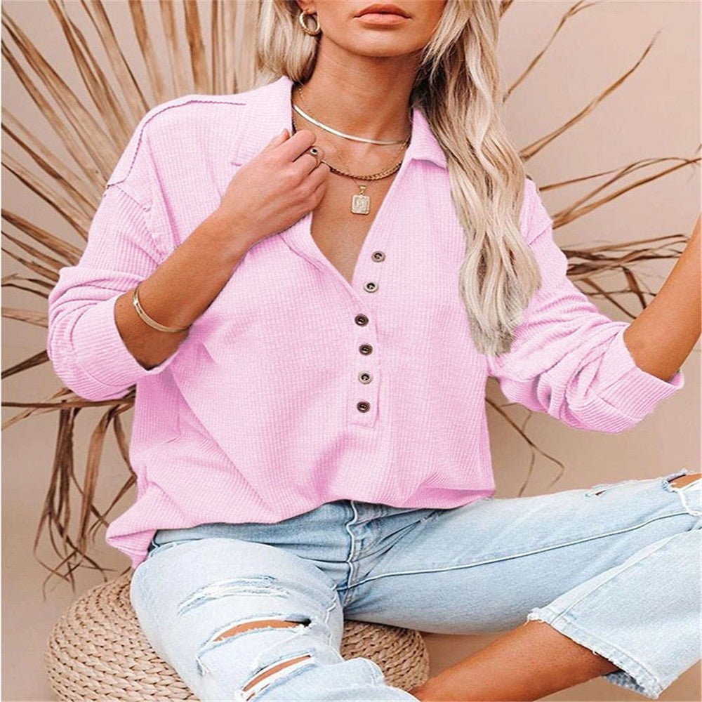 Damen nan lässiges Waffel-Polohemd mit Henley-Knopfleiste und überschnittener Schulter R&B