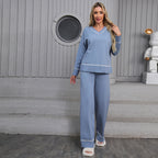 Damen entspannendes Loungewear-Set mit V-Ausschnitt und breiten Hosen R&B