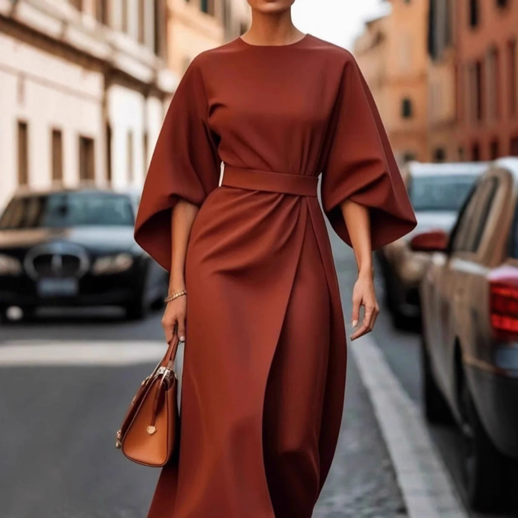 Damen Maxi-Kleid mit voluminösen Ärmeln und elegantem Drapierungsdesign R&B