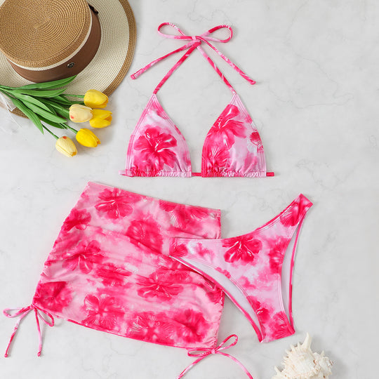 Damen Triangel-Bikini-Set mit verstellbaren Trägern und floralem Wickelrock R&B