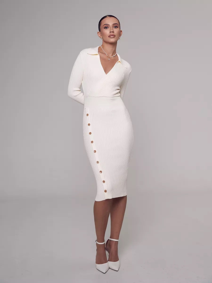 Damen Strickkleid mit elegantem Kragen und Knopfdetail R&B