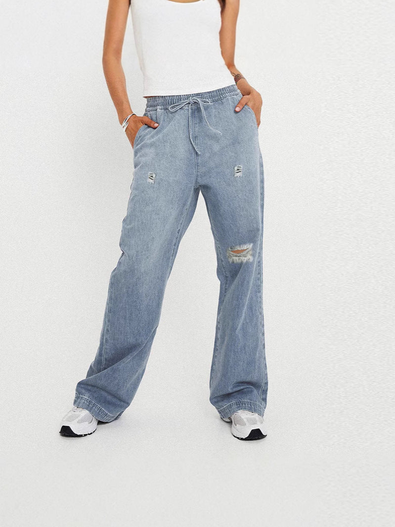 Damen Weite Denim-Hose mit modischen Ripped-Details und elastischem Bund R&B