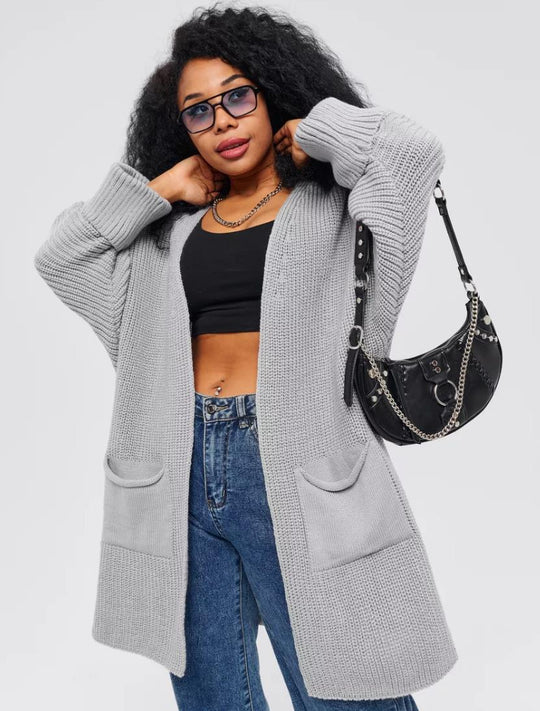 Damen Oversized Strickjacke mit großen Taschen und bequemen Rippenärmeln R&B