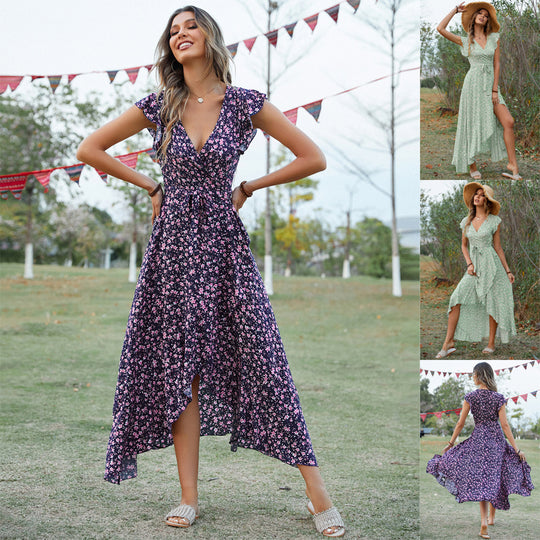 Damen Maxikleid mit verspieltem Flatterärmel und tiefem V-Ausschnitt R&B