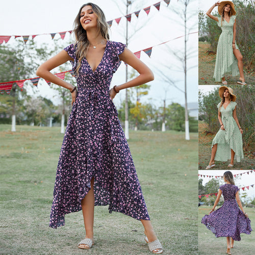 Damen Maxikleid mit verspieltem Flatterärmel und tiefem V-Ausschnitt R&B