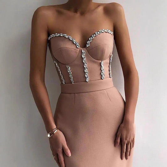 Damen figurbetontes Abendkleid mit eleganter Bustier-Optik und schimmernden Applikationen R&B