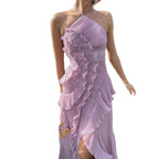 Damen Elegantes Wickelkleid mit fließendem Faltenrock und asymmetrischen Rüschendetails EB