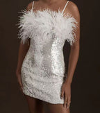 Damen Partykleid mit Pailletten und Federdetails R&B