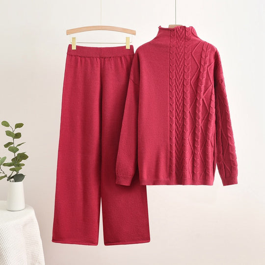 Damen gemütliches Strick-Loungewear-Set mit hochgeschlossenem Kragen R&B