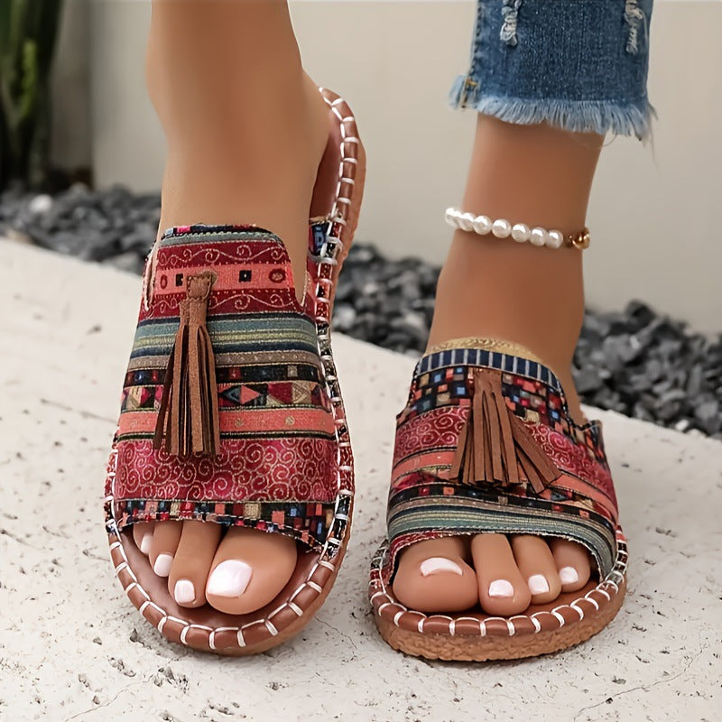 Damen Riemensandalen mit geflochtenem Muster und dekorativen Fransen R&B