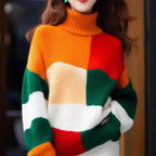 Damen Grobstrickpullover mit hohem Kragen und buntem Farbblockdesign R&B