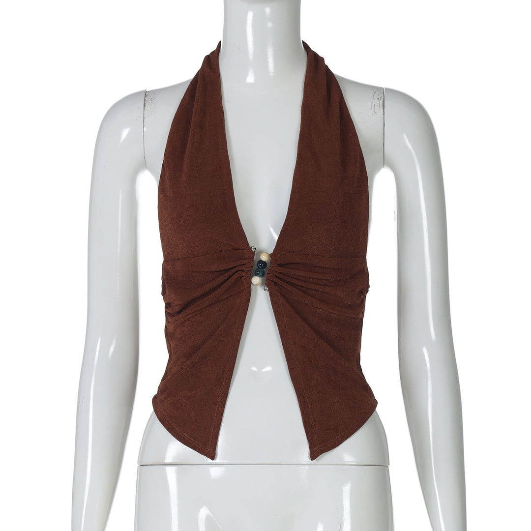 Damen Haltertop mit eleganter Raffung und dekorativen Perlen R&B