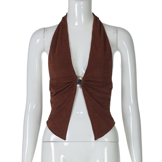 Damen Haltertop mit eleganter Raffung und dekorativen Perlen R&B