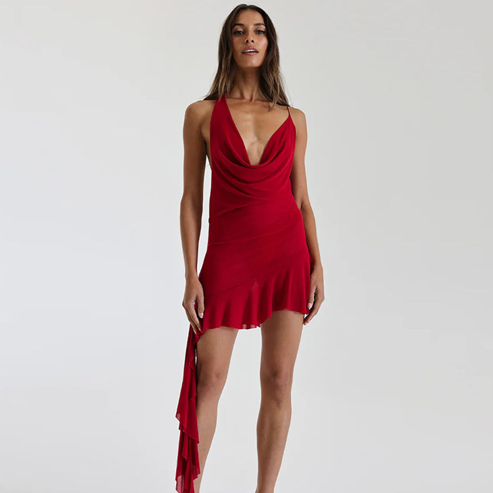 Damen Halterneck Minikleid mit fließendem Design und asymmetrischem Saum R&B