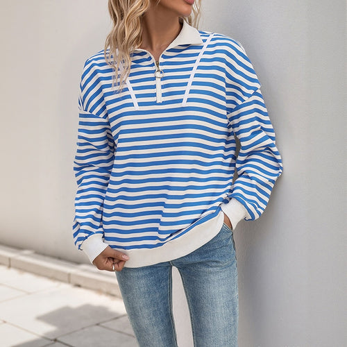 Damen lässiger Sweatshirt mit Stehkragen und modischem Streifenmuster R&B