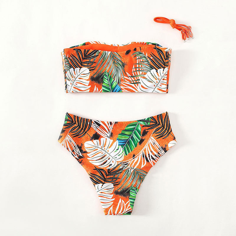 Damen Bandeau-Bikini mit lhaftem Tropenmuster und hohem Taillenschnitt