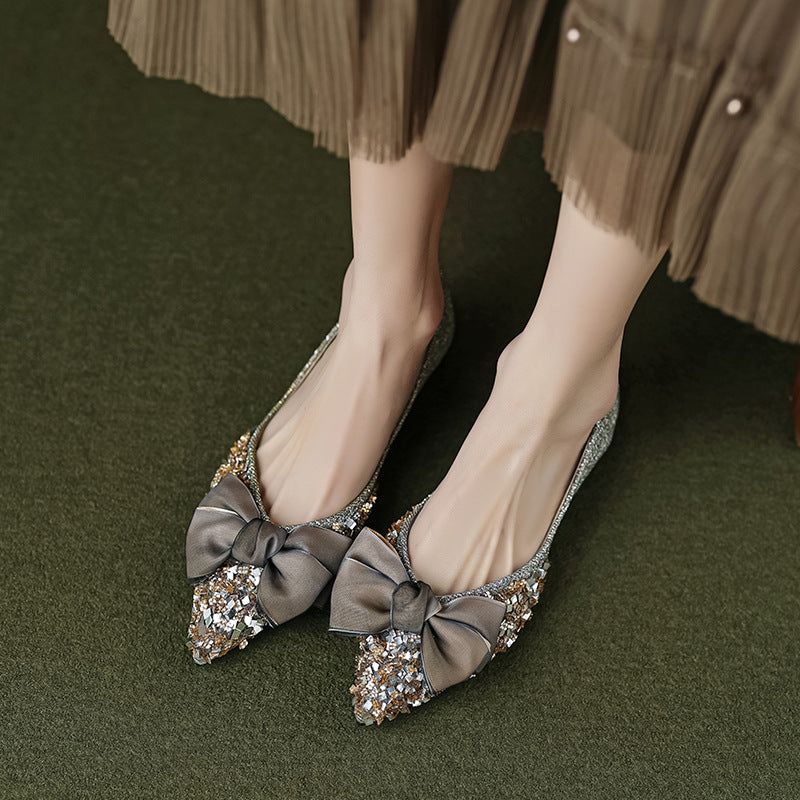 Damen elegante Ballerinas mit schimmerndem Strass- und Schleifenelement