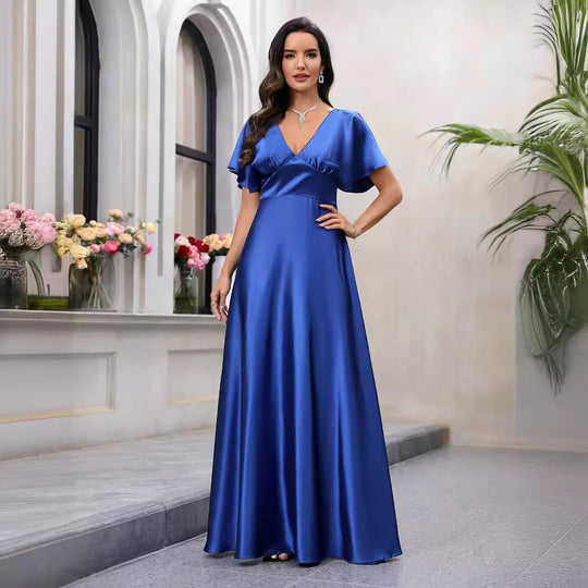 Damen Maxikleid mit fließendem Satin und luftigen Ärmeln R&B