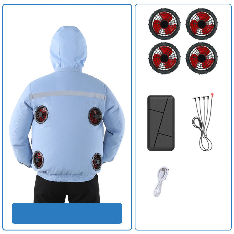 Unisex nan ventilated jacket for work and outdoor with integrated USB fans, battery compartment and hood R&B