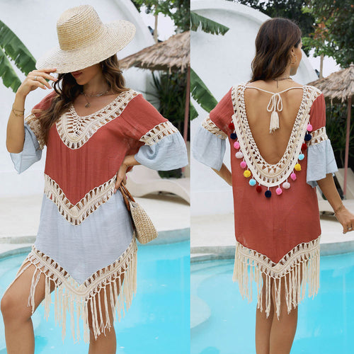 Damen Strandkleid mit eleganten Fransen und trendigem Häkelmuster R&B