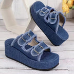 Damen bequeme Plattformsandalen aus Denim mit doppeltem Riemen R&B
