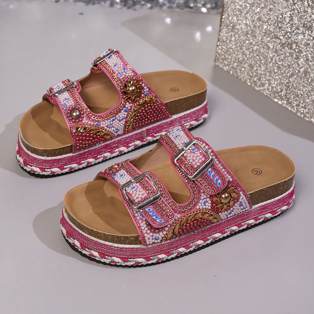Damen Bequeme und modische Platform-Sandalen mit verstellbaren Riemen und bunten Applikationen R&B