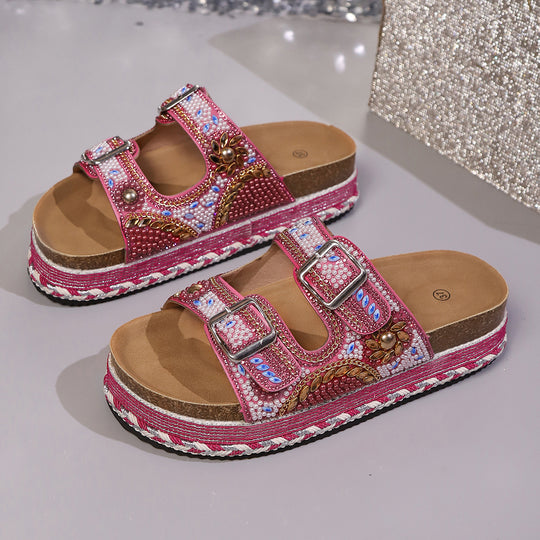 Damen Bequeme und modische Platform-Sandalen mit verstellbaren Riemen und bunten Applikationen R&B