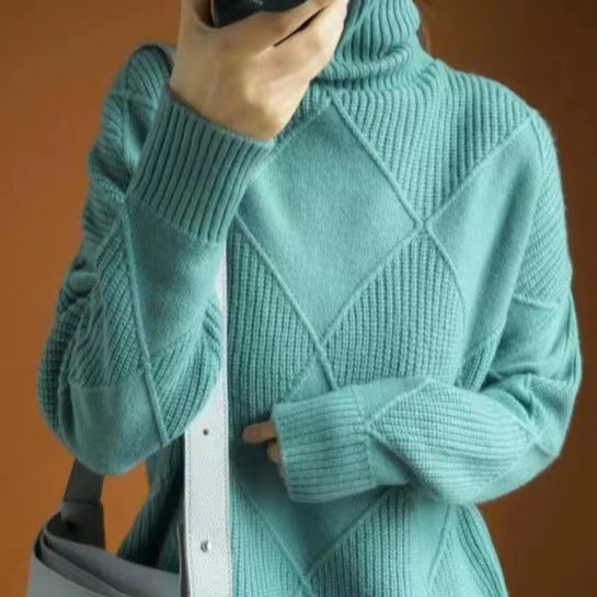Damen hochwertiger Strickpullover mit stehendem Kragen und extravagantem Rautenmuster R&B