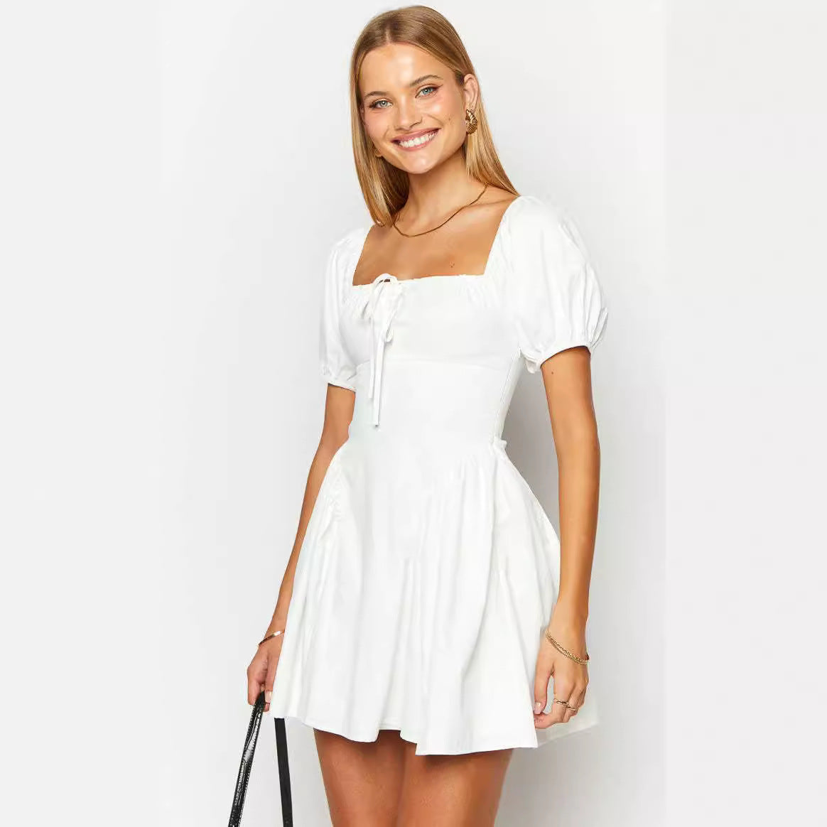 Damen sommerliches Minikleid mit Puffärmeln und tailliertem Design R&B