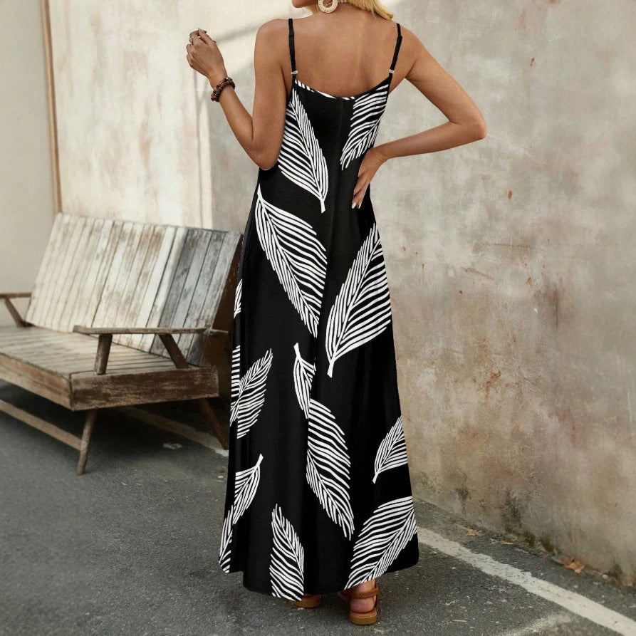 Damen Maxikleid mit elegantem Blätterdesign und feinen Spaghettiträgern R&B