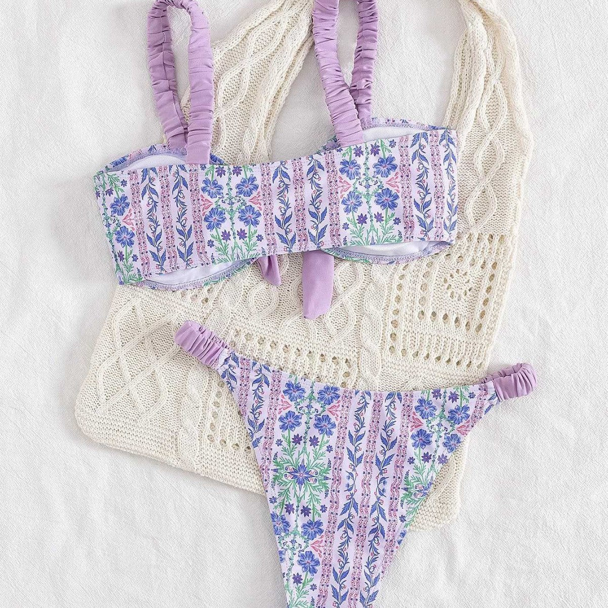 Damen Bandeau-Bikini mit floralem Design und verspielten Rüschen R&B