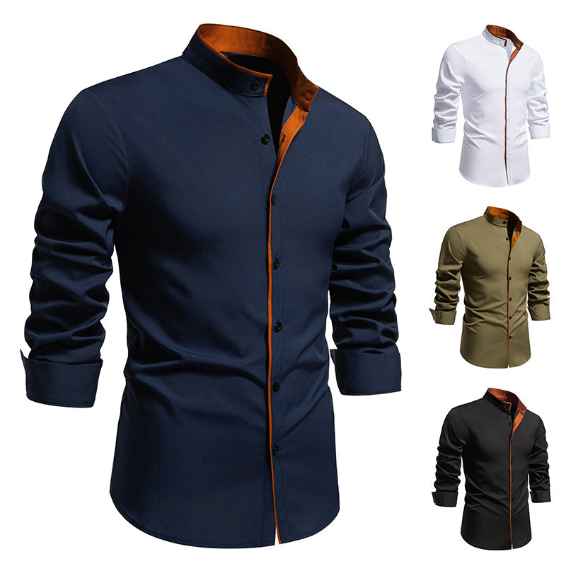 Herren Langarmhemd mit modernem Stehkragen und gesticktem Detail R&B