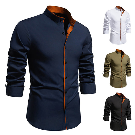 Herren Langarmhemd mit modernem Stehkragen und gesticktem Detail R&B