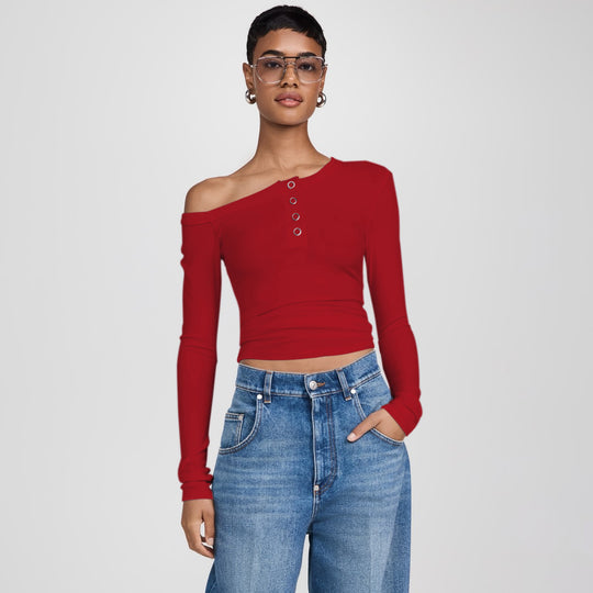 Damen asymmetrisches Langarmshirt mit Knopfleiste und figurbetontem Schnitt R&B