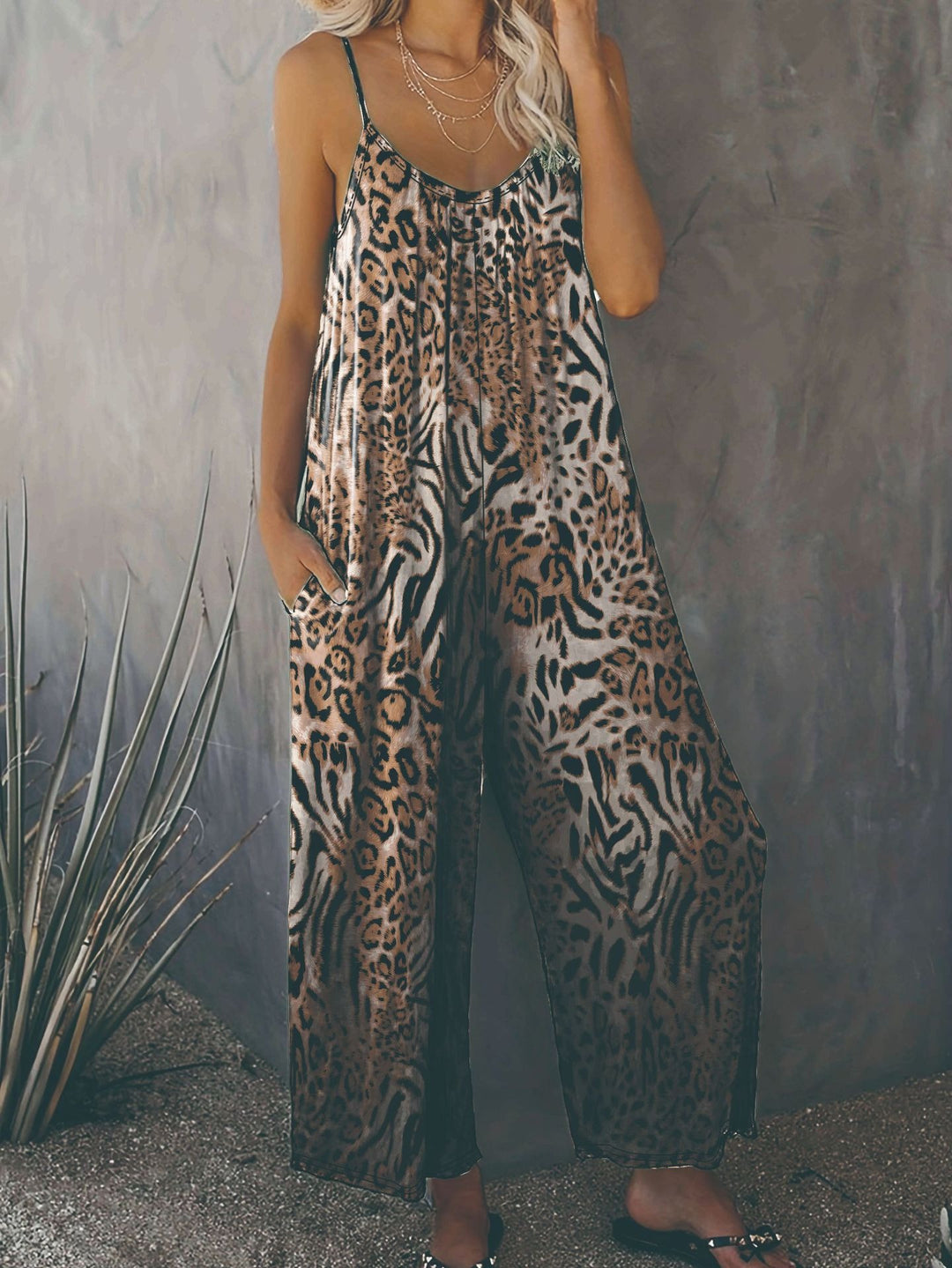 Damen Lockere Jumpsuit mit Animal-Print und praktischen Taschen R&B