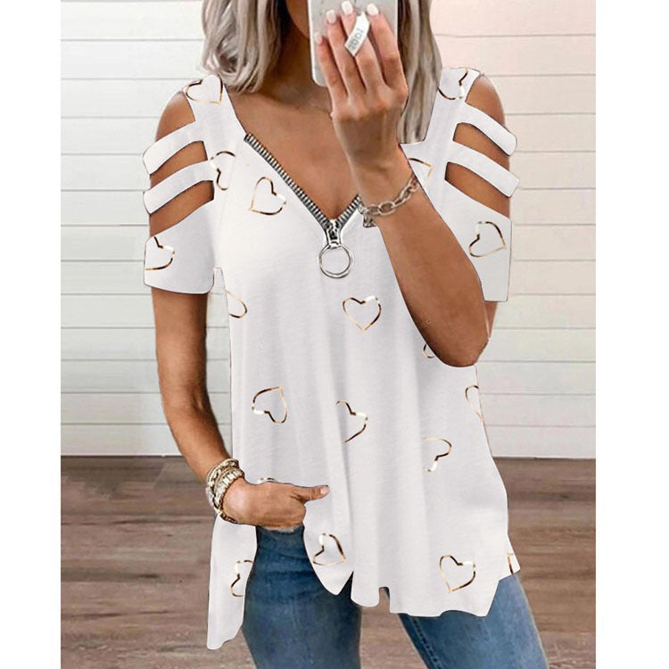 Damen V-Ausschnitt T-Shirt mit Cut-Outs und Herzdesign R&B