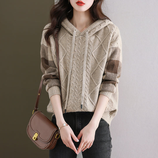 Damen Strickpullover mit Kapuze und modischem Karomuster R&B