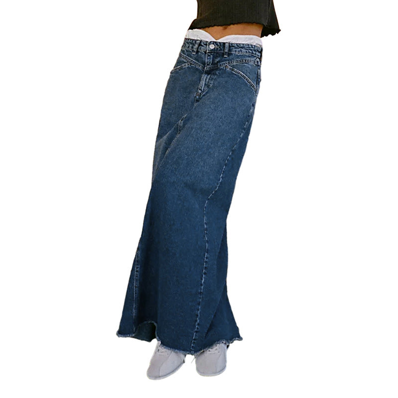 Damen Langer Denim-Rock mit hohem Bund und praktischen Taschen R&B