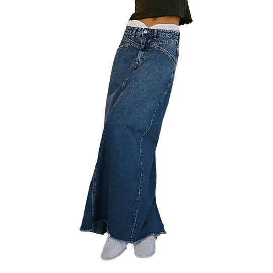 Damen Langer Denim-Rock mit hohem Bund und praktischen Taschen R&B