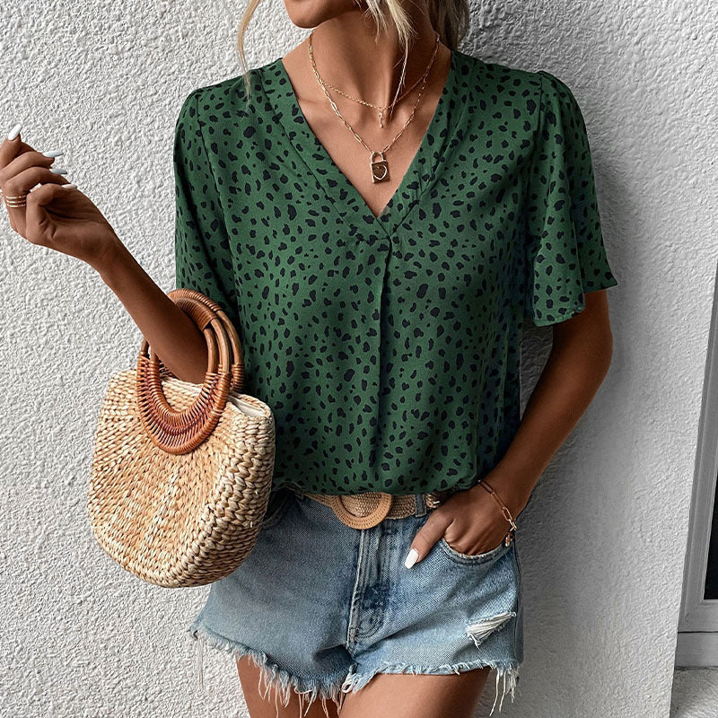 Damen V-Ausschnitt T-Shirt mit Leopardenmuster und fließendem Schnitt R&B