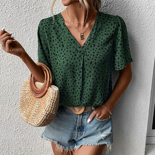 Damen V-Ausschnitt T-Shirt mit Leopardenmuster und fließendem Schnitt R&B