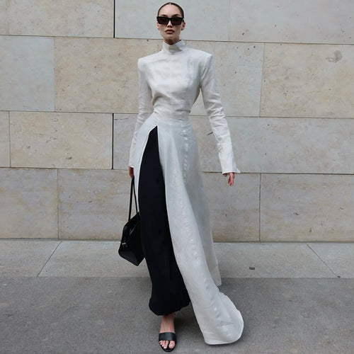 Damen elegantes Maxikleid mit hochgeschlossenem Kragen und asymmetrischem Farbdesign R&B