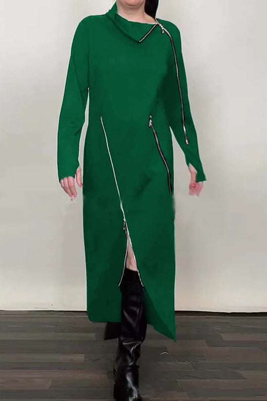 Damen nan langes Strickkleid mit asymmetrischen Metallreißverschlüssen und Frontschlitz R&B